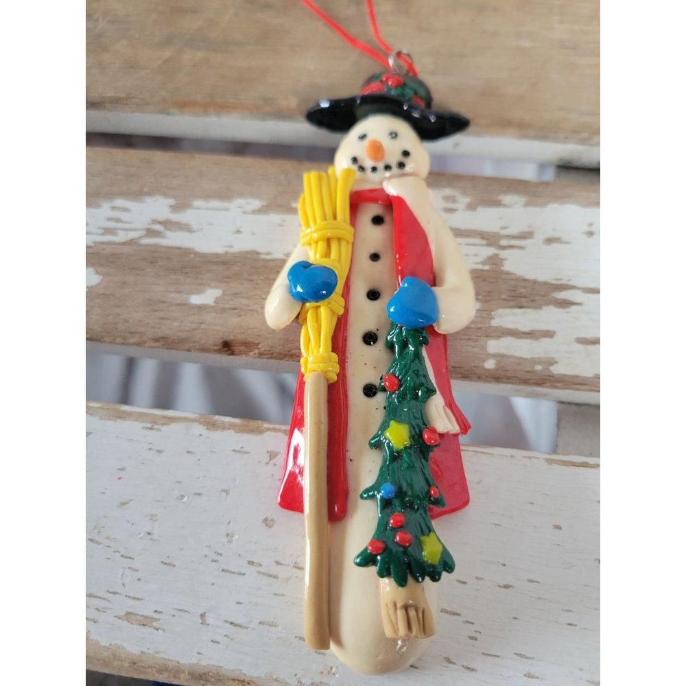 Dough snowman tree broom ornament Xmas holiday tree home decor vintage‎